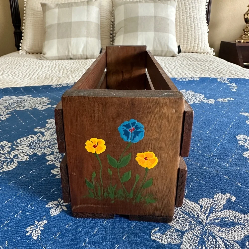 Vintage Wooden Planter/Storage Box with Blue and Yellow Floral Accents